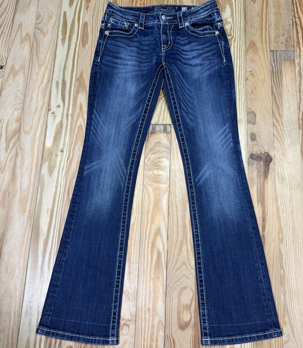 Miss Me Jeans Signature Bootcut 28 Blue Denim Embellished Buffalo Plaid Bling